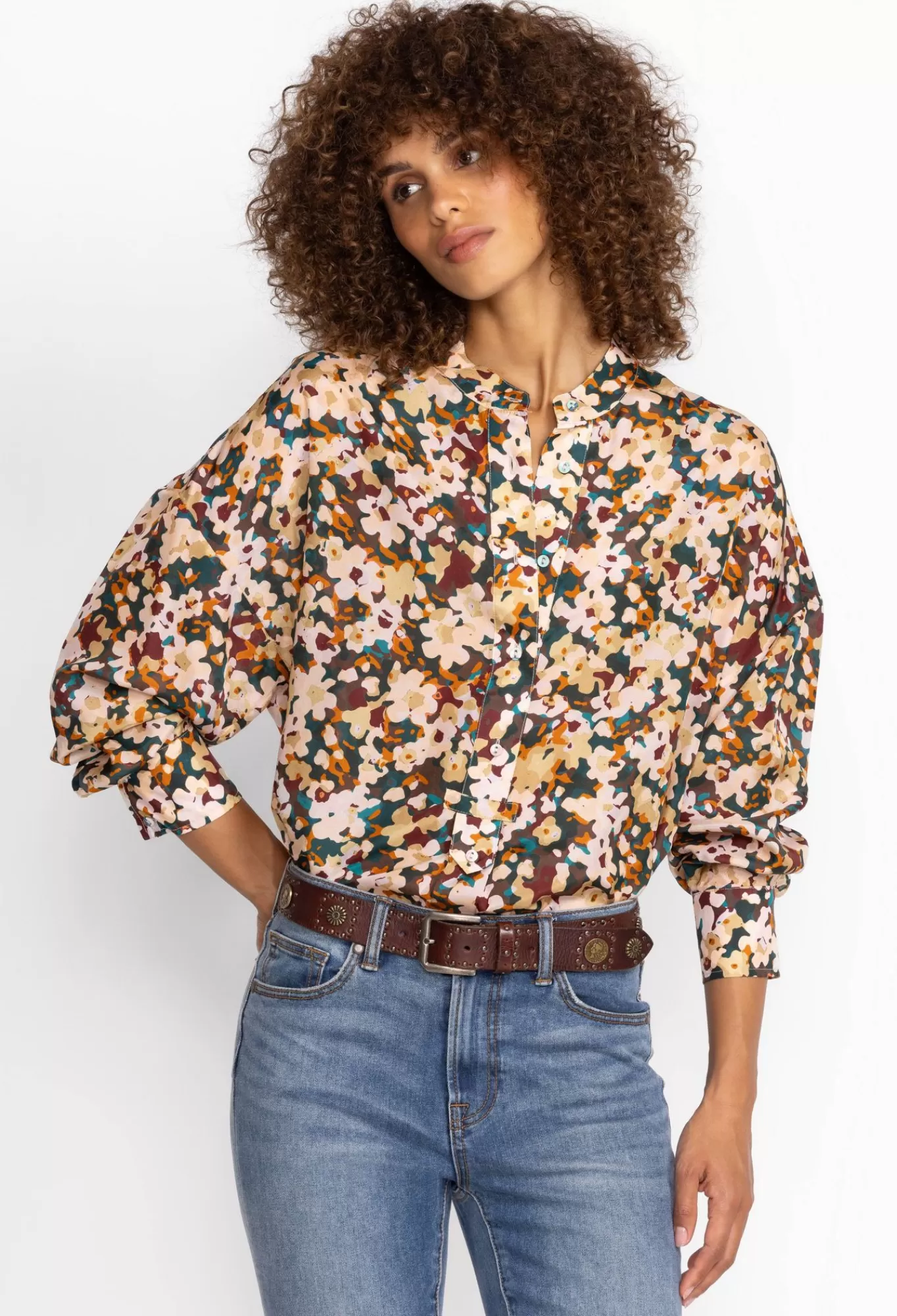 New Floral Half Placket Button Top Women Tops