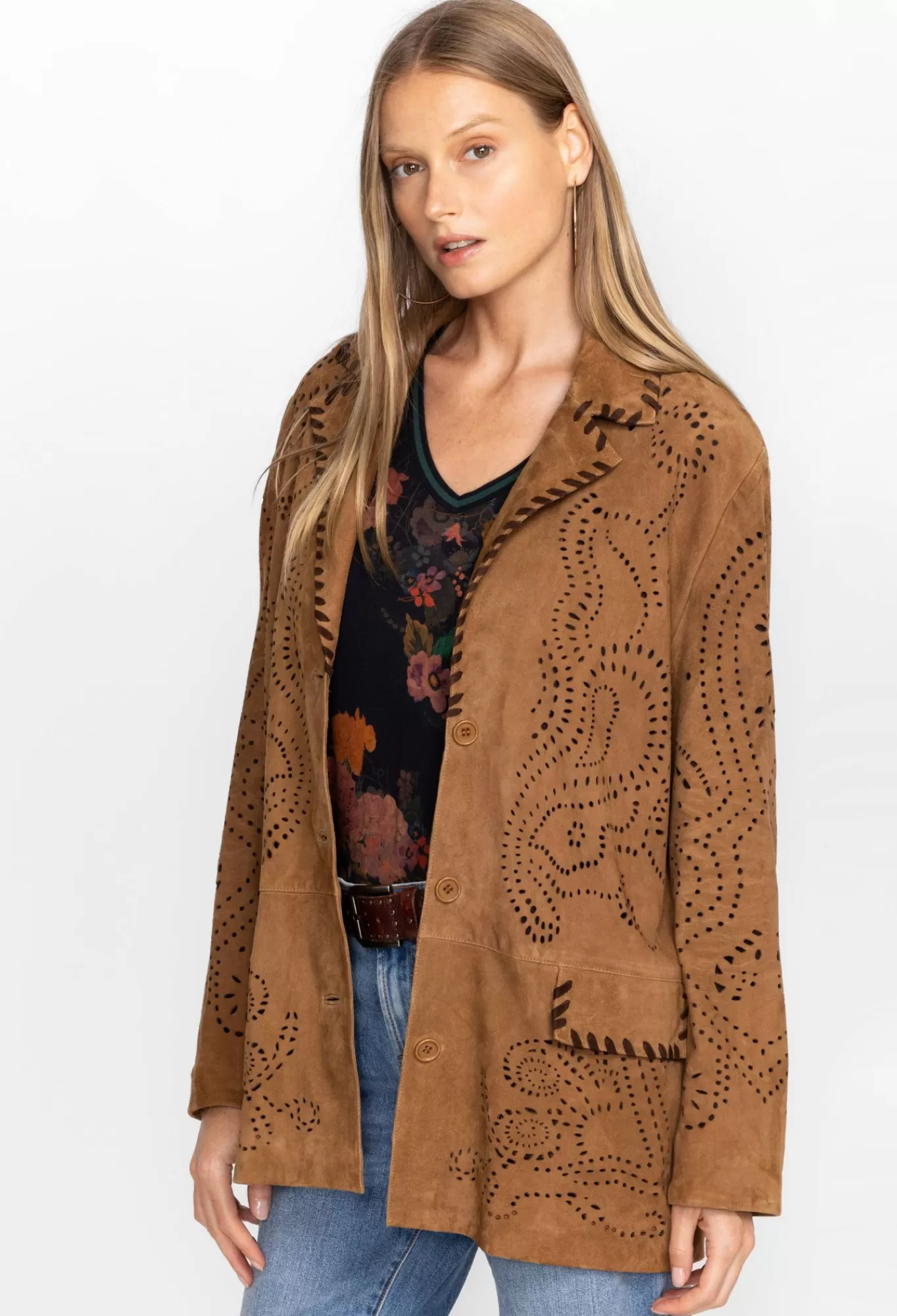 New Laser Cut Suede Whipstitch Blazer Women Outerwear