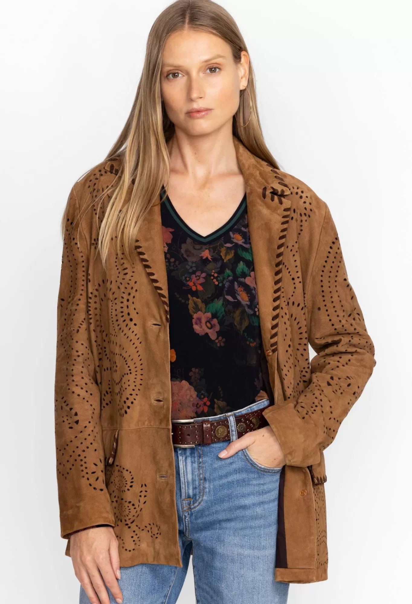 New Laser Cut Suede Whipstitch Blazer Women Outerwear