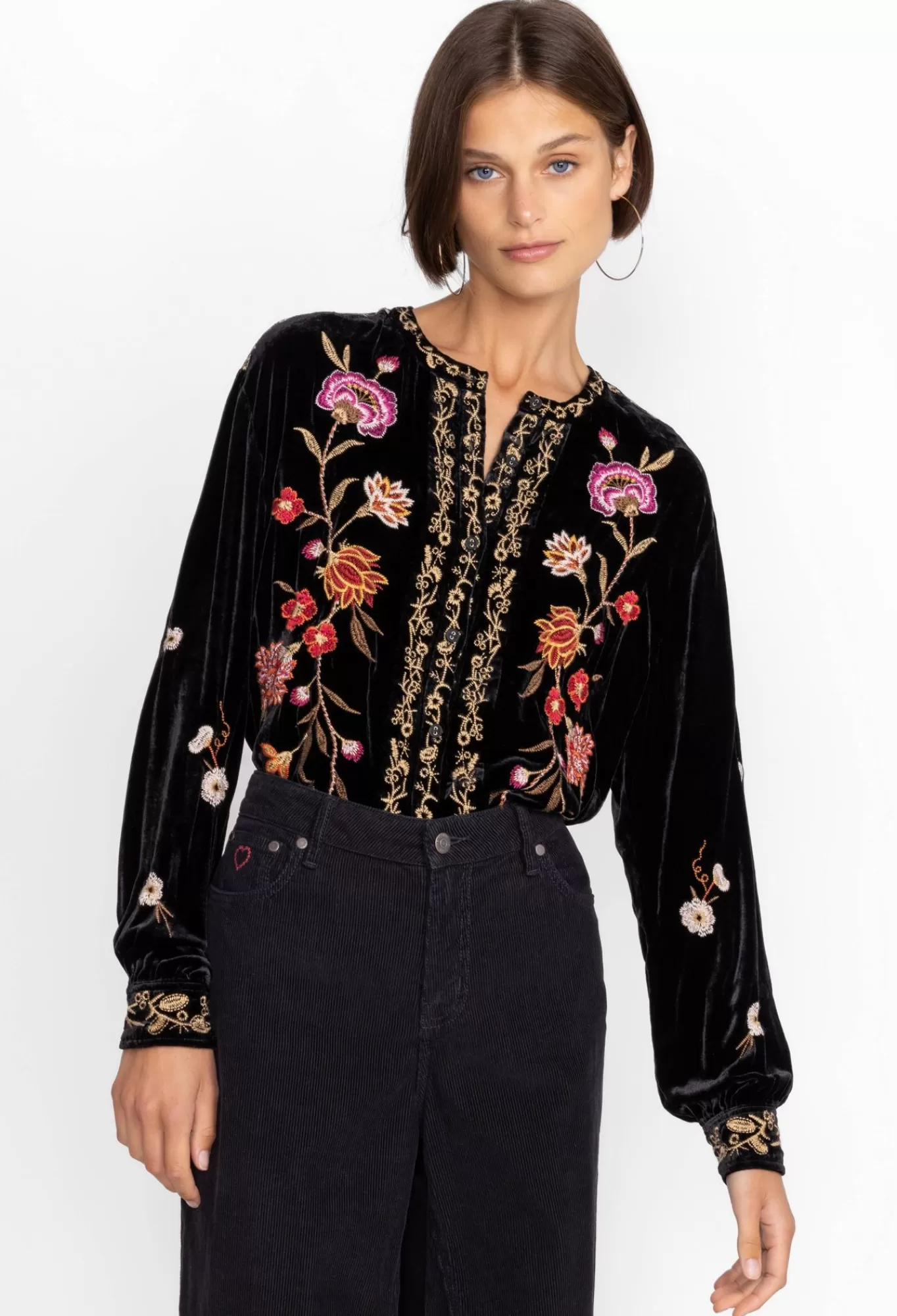 Shop Quinn Velvet Mandarin Shirt Women Tops