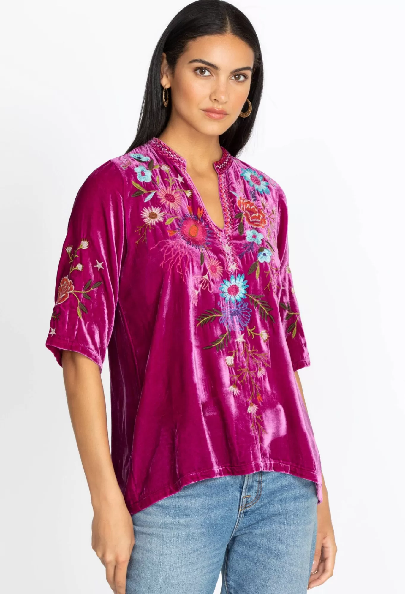 Discount Ulla Velvet Easy V-Neck Blouse Women Tops