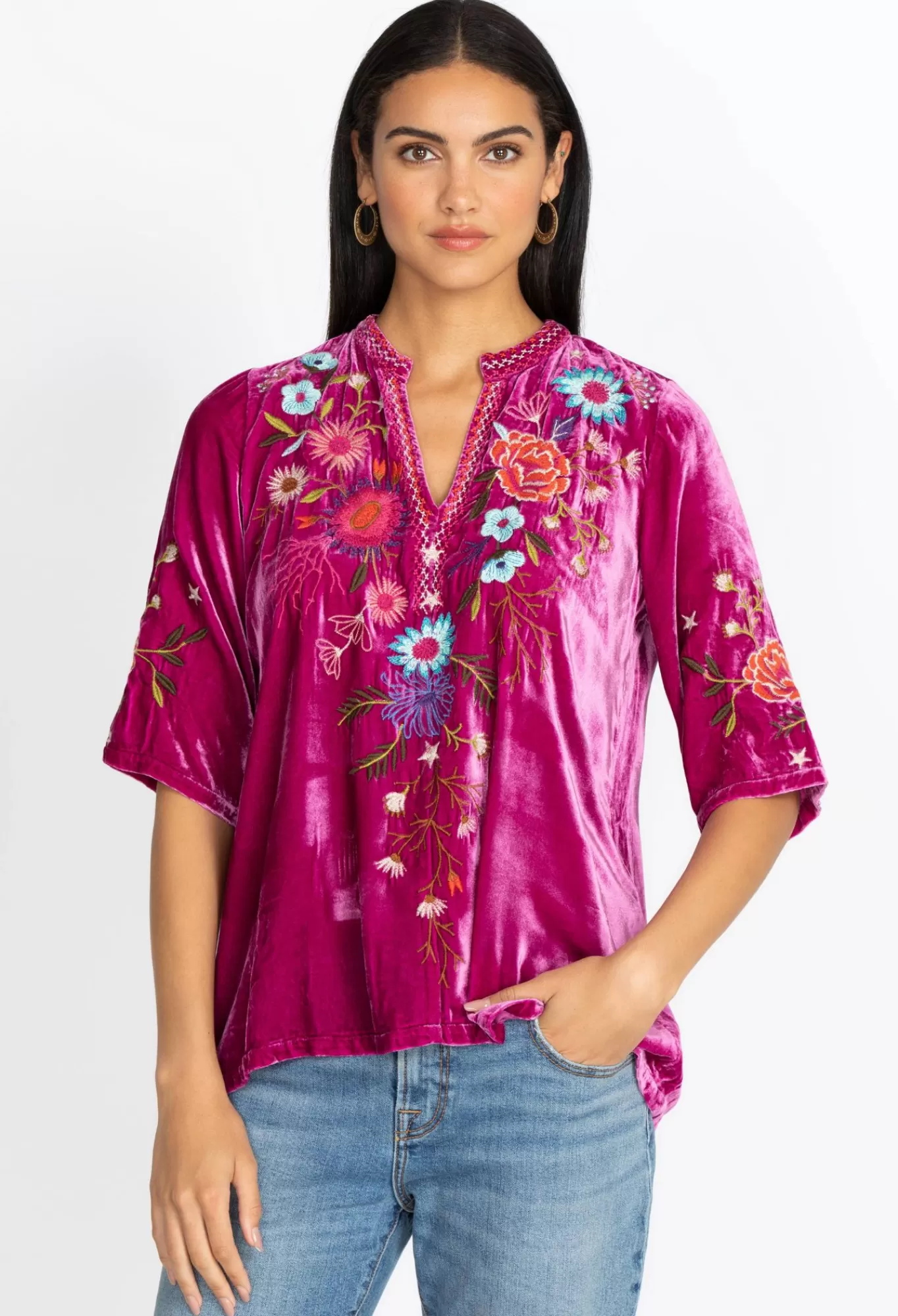 Discount Ulla Velvet Easy V-Neck Blouse Women Tops